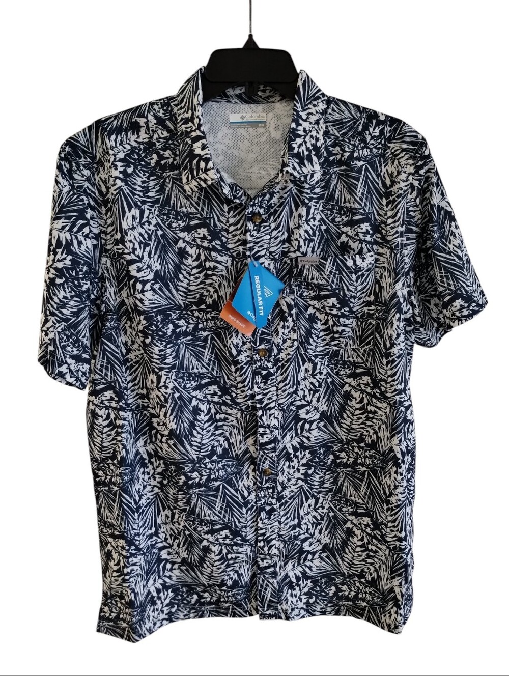 Columbia PFG Mens Omni Shade 50 UPF Protection Navy White Short Sleeve M Shirt